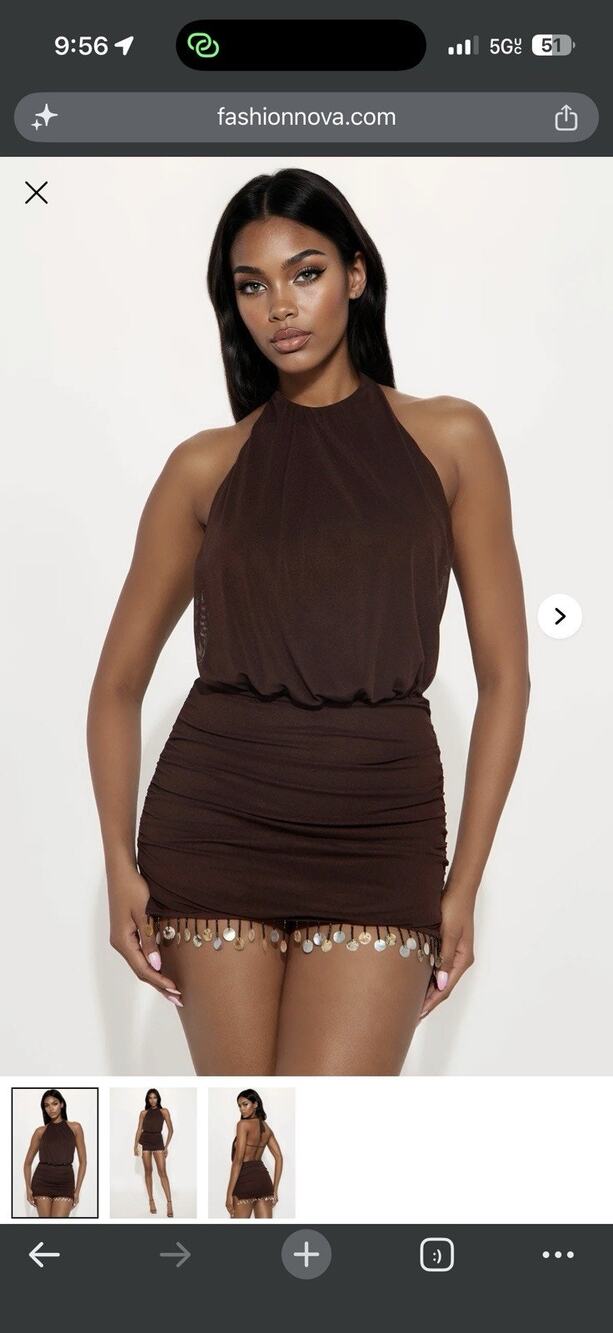 Nadia Backless Fringe Mini Dress - Chocolate Size: XL